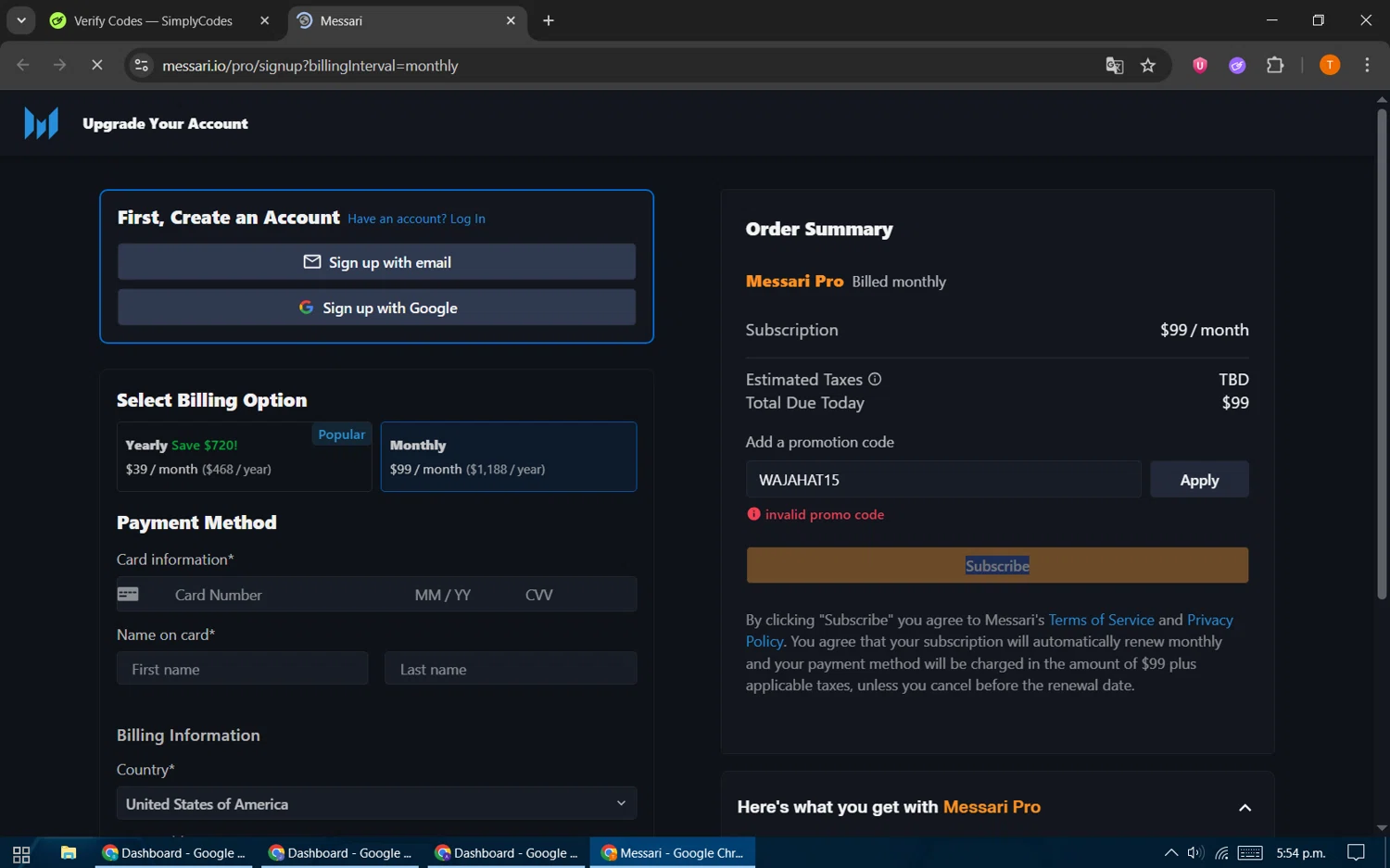 Messari promo code screenshot showing code WAJAHAT15 applied at Messari checkout page. Uploaded by SimplyCodes community member EpicHero3141 on Sep 18, 2025