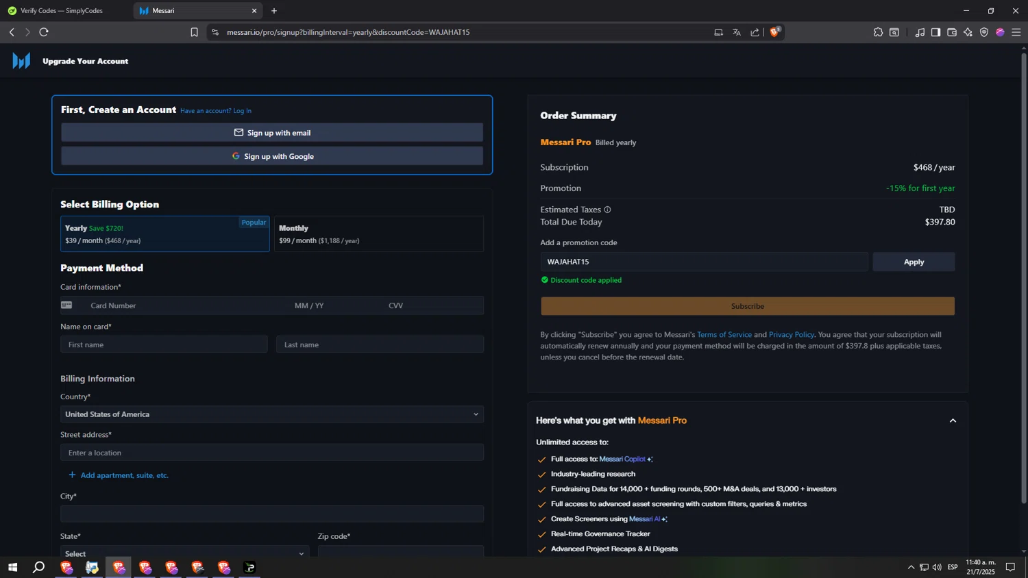 Messari checkout page showing Messari promo code box | Screenshot taken by SimplyCodes community member on Jul 21, 2025