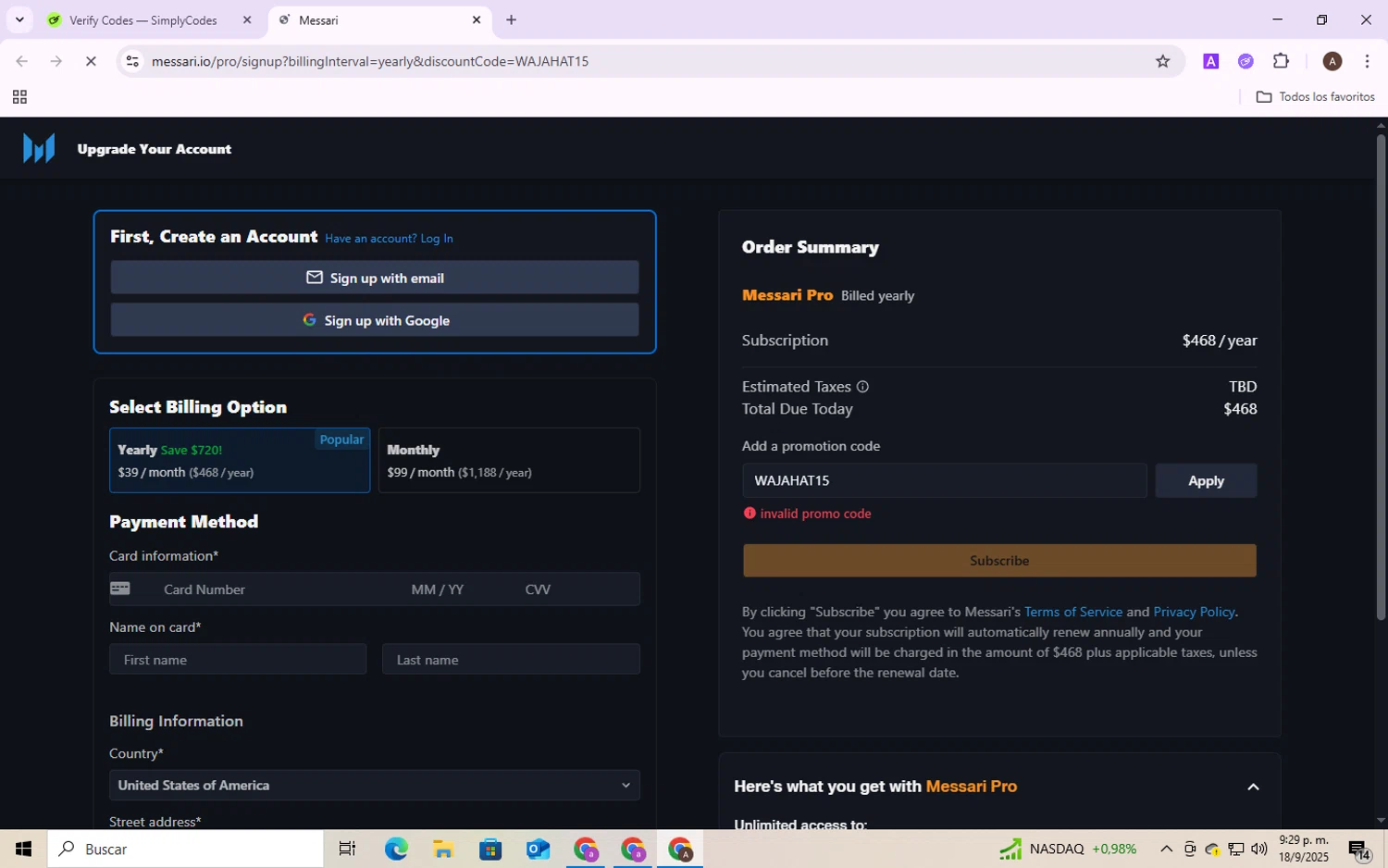 Messari promo code screenshot showing code WAJAHAT15 applied at Messari checkout page. Uploaded by SimplyCodes community member SmartShopper4328 on Sep 18, 2025