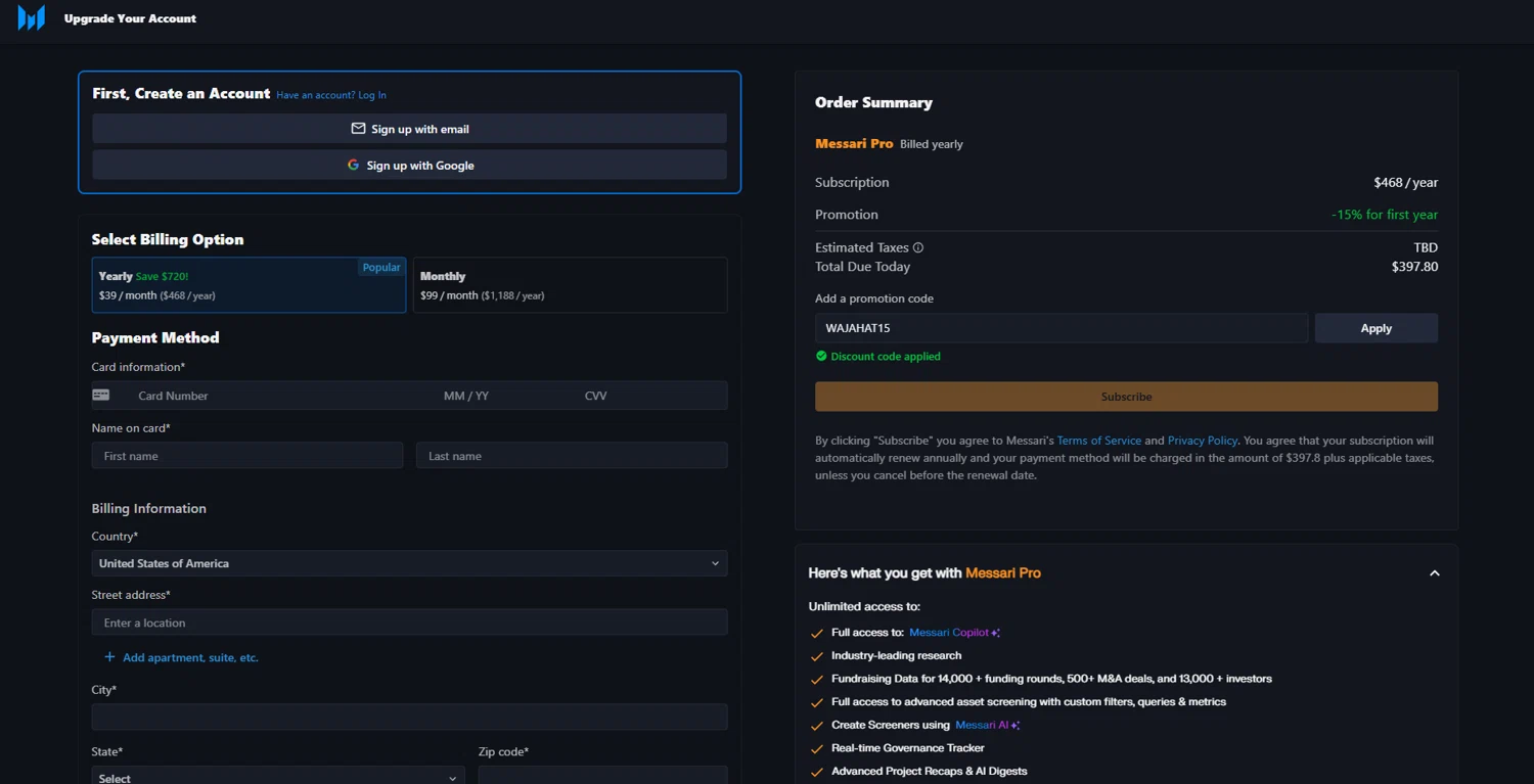 Messari checkout page showing Messari promo code box | Screenshot taken by SimplyCodes community member on Apr 25, 2025