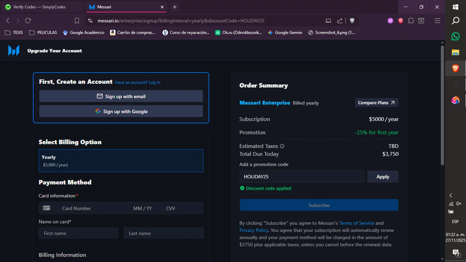 Messari promo code screenshot showing code HOLIDAY25 applied at Messari checkout page. Uploaded by SimplyCodes community member xXdevoragoticas69Xx on Nov 27, 2025