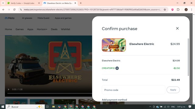 Meta checkout page showing Meta promo code box | Screenshot taken by SimplyCodes community member on Aug 3, 2025