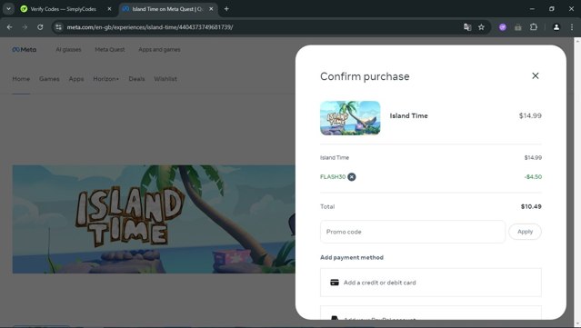 Meta checkout page showing Meta promo code box | Screenshot taken by SimplyCodes community member on Aug 3, 2025