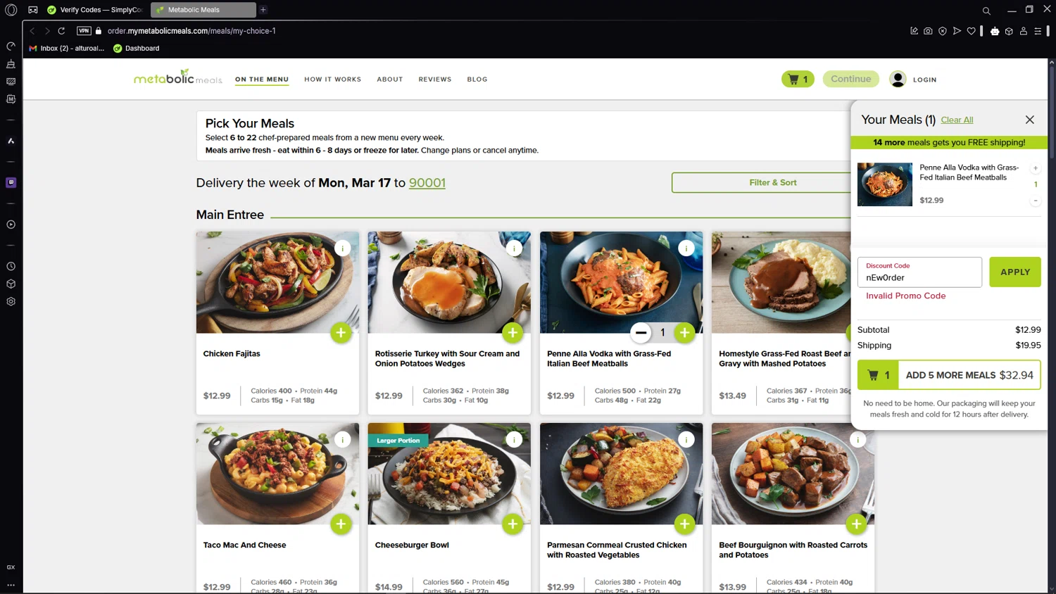 Metabolic Meals discount code screenshot showing code nEw0rder applied at Metabolic Meals checkout page. Uploaded by SimplyCodes community member CleverSage7079 on Mar 10, 2025