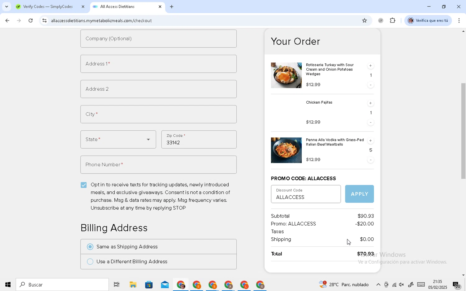 Metabolic Meals discount code screenshot showing code ALLACCESS applied at Metabolic Meals checkout page. Uploaded by SimplyCodes community member ElJeque on Feb 6, 2025