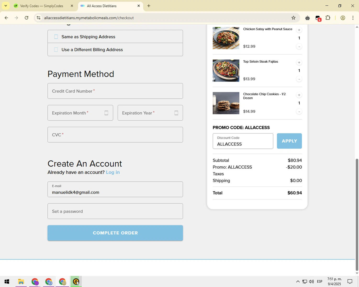 Metabolic Meals discount code screenshot showing code ALLACCESS applied at Metabolic Meals checkout page. Uploaded by SimplyCodes community member EnmaFoker on Apr 9, 2025