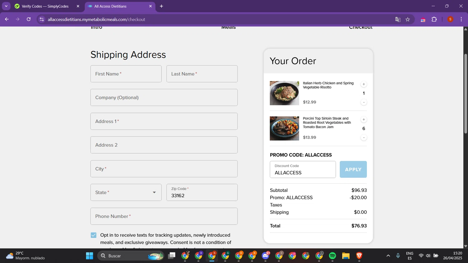 Metabolic Meals discount code screenshot showing code ALLACCESS applied at Metabolic Meals checkout page. Uploaded by SimplyCodes community member PrimeTracker2179 on Apr 26, 2025