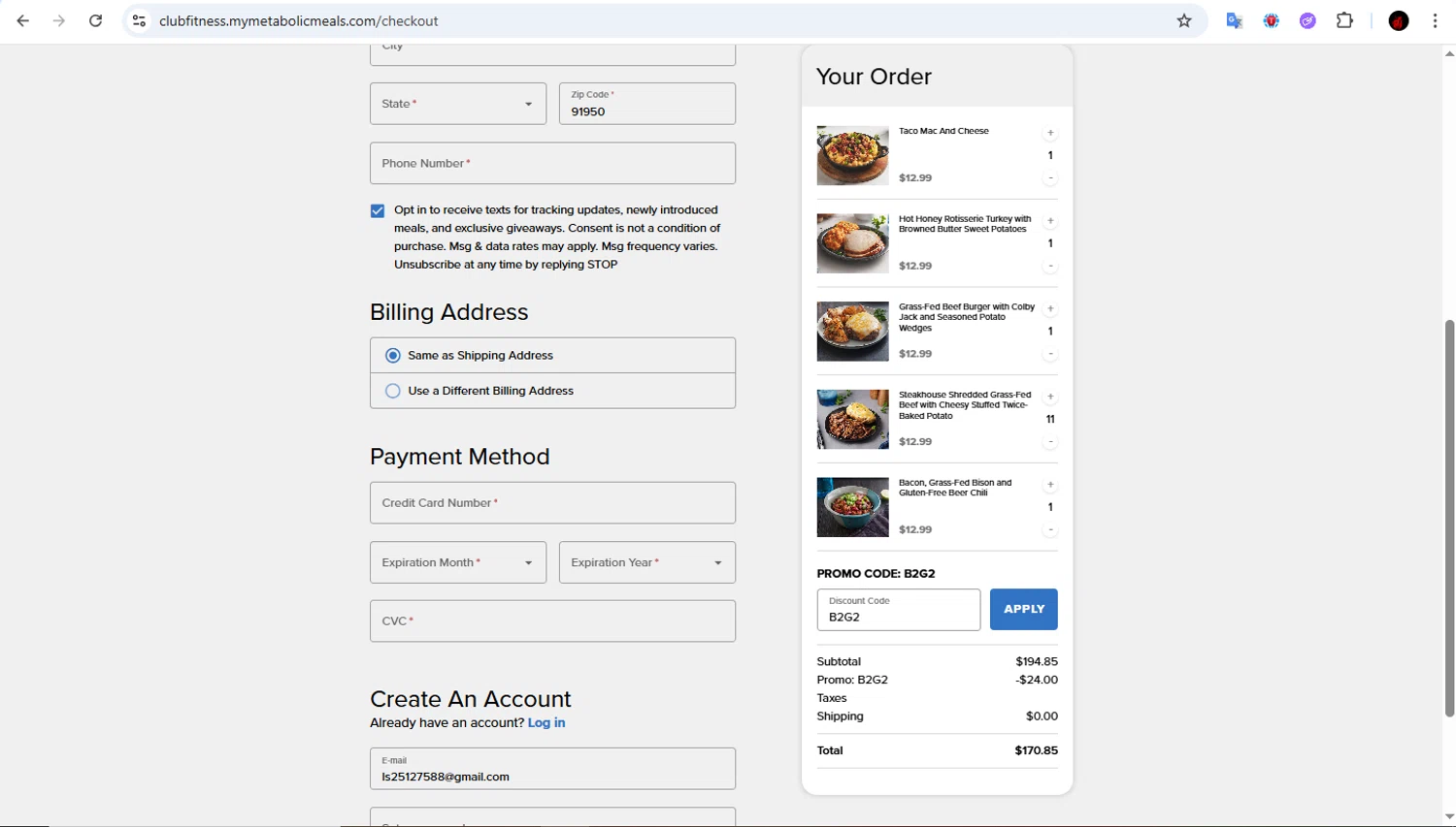 Metabolic Meals discount code screenshot showing code B2G2 applied at Metabolic Meals checkout page. Uploaded by SimplyCodes community member Francisco01 on Jan 17, 2026