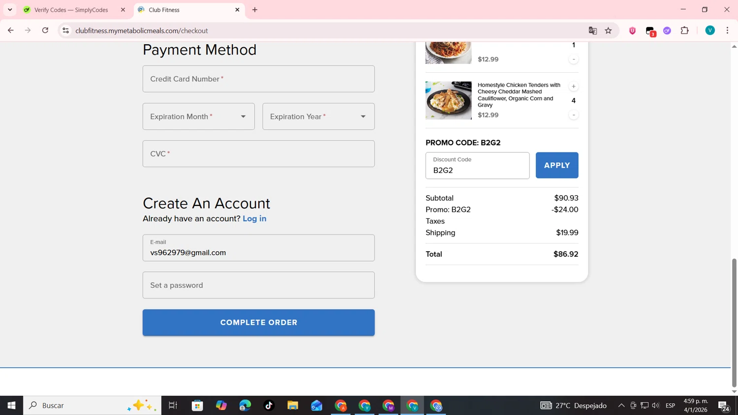 Metabolic Meals discount code screenshot showing code B2G2 applied at Metabolic Meals checkout page. Uploaded by SimplyCodes community member lyffytaro on Jan 4, 2026