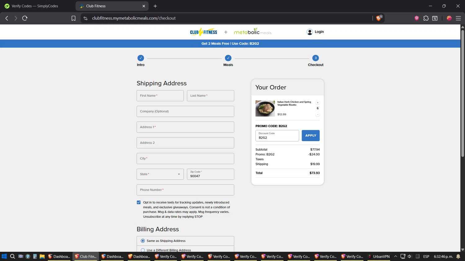 Metabolic Meals discount code screenshot showing code B2G2 applied at Metabolic Meals checkout page. Uploaded by SimplyCodes community member verifier_983798000 on Oct 12, 2025