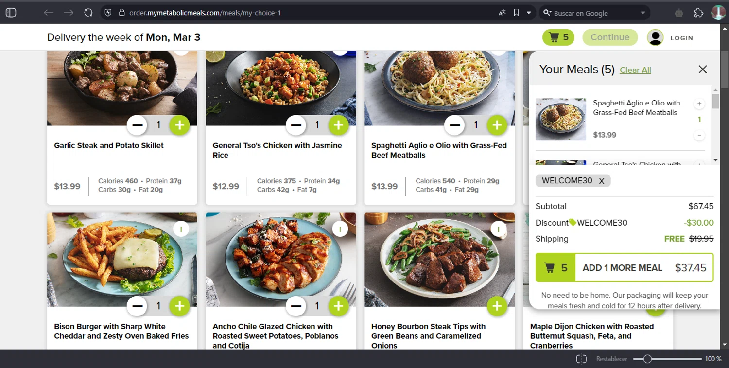 Metabolic Meals discount code screenshot showing code WELCOME30 applied at Metabolic Meals checkout page. Uploaded by SimplyCodes community member MAHORAGA on Feb 20, 2025