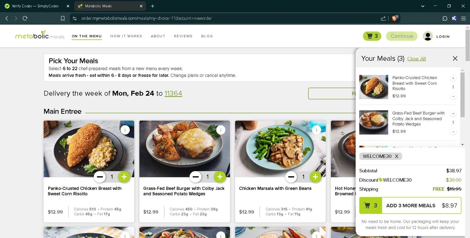 Metabolic Meals discount code screenshot showing code WELCOME30 applied at Metabolic Meals checkout page. Uploaded by SimplyCodes community member RoyalMaverick7546 on Feb 14, 2025