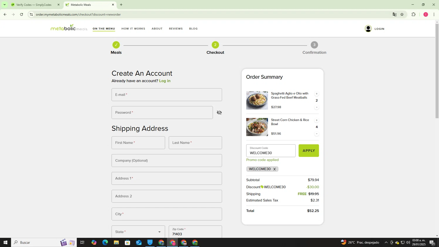 Metabolic Meals discount code screenshot showing code WELCOME30 applied at Metabolic Meals checkout page. Uploaded by SimplyCodes community member MightyGuardian8404 on Jan 29, 2025