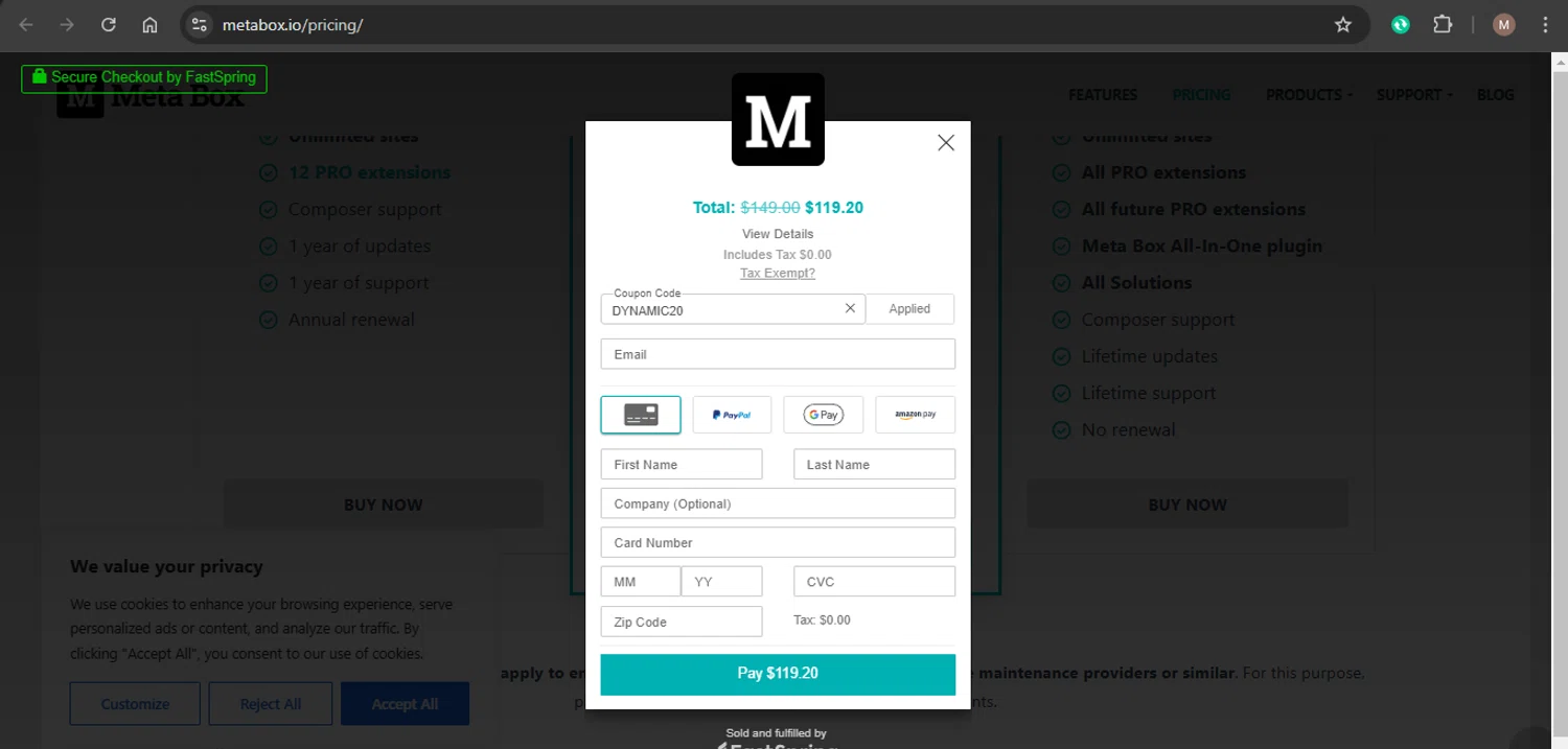 Meta Box promo code screenshot showing code DYNAMIC20 applied at Meta Box checkout page. Uploaded by SimplyCodes community member xaswqe on Jan 6, 2025