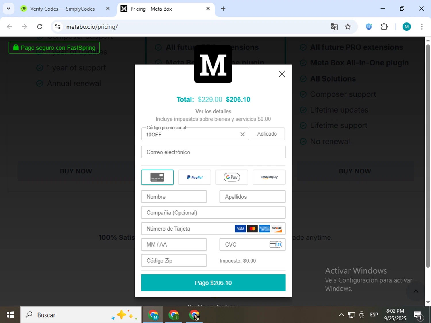 Meta Box promo code screenshot showing code 10OFF applied at Meta Box checkout page. Uploaded by SimplyCodes community member estrellaveloz on Sep 26, 2025