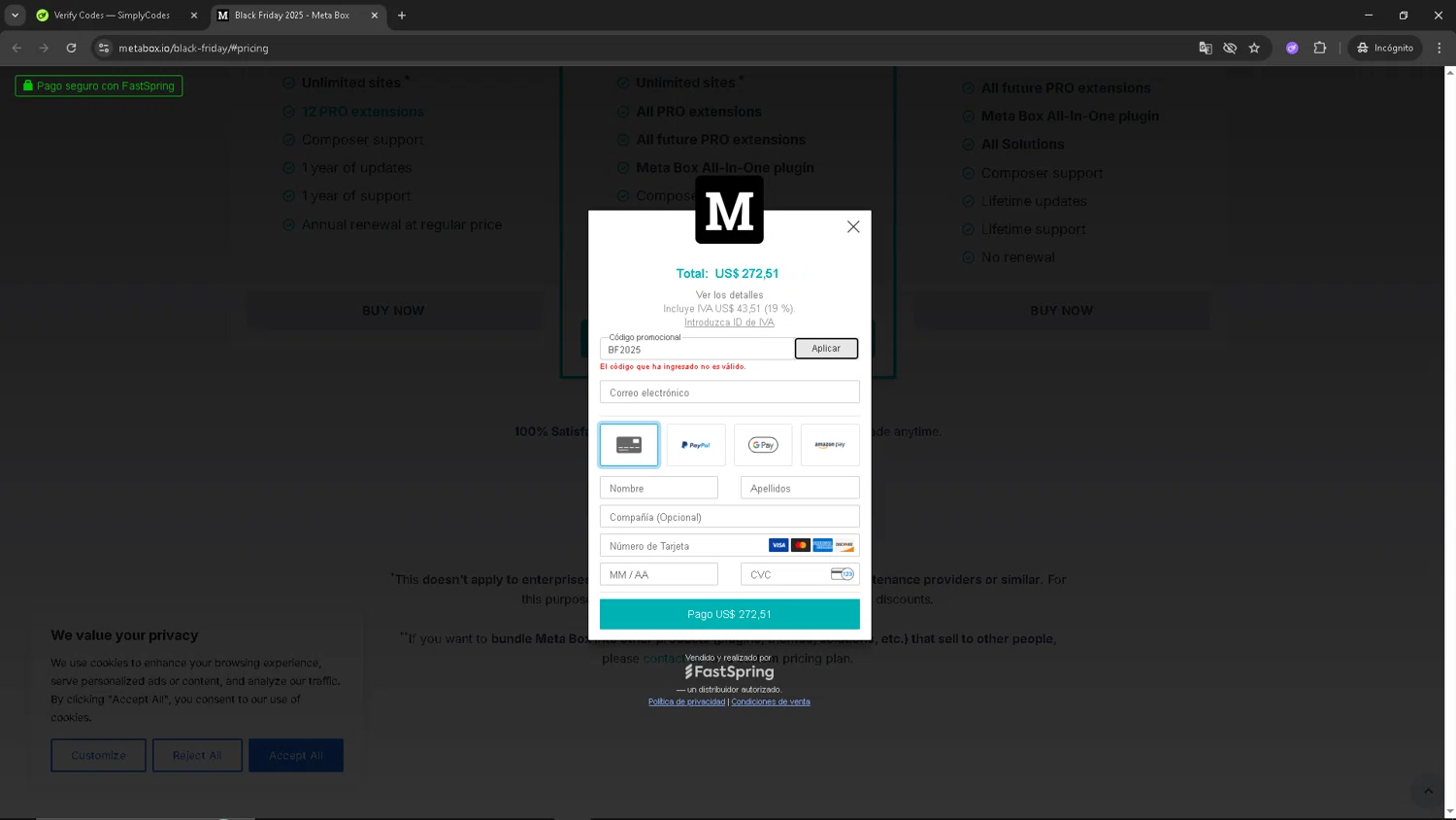Meta Box promo code screenshot showing code BF2025 applied at Meta Box checkout page. Uploaded by SimplyCodes community member CRF250CC on Dec 3, 2025