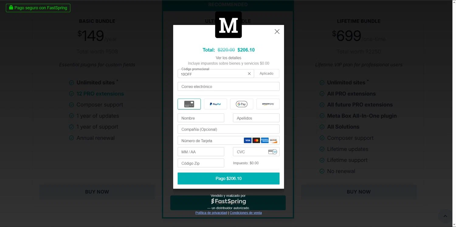 Meta Box promo code screenshot showing code 10OFF applied at Meta Box checkout page. Uploaded by SimplyCodes community member Depressive on Sep 25, 2025