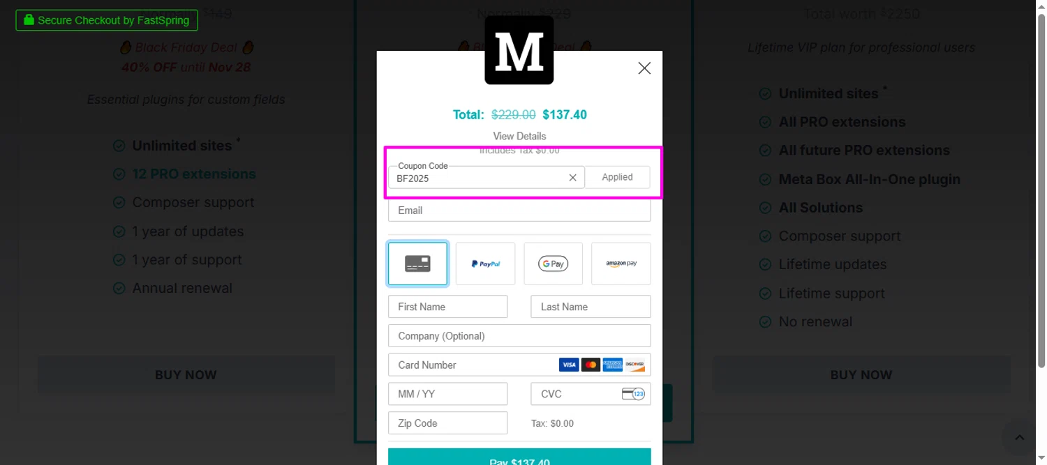 Meta Box promo code screenshot showing code BF2025 applied at Meta Box checkout page. Uploaded by SimplyCodes community member mrdarcy on Nov 26, 2025