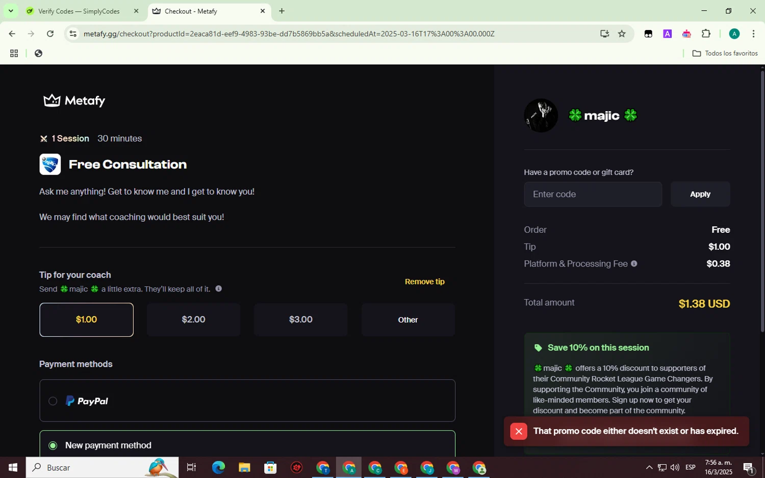 Metafy promo code screenshot showing code MAJIC-LOVE15 applied at Metafy checkout page. Uploaded by SimplyCodes community member ThriftyMaverick3223 on Mar 16, 2025