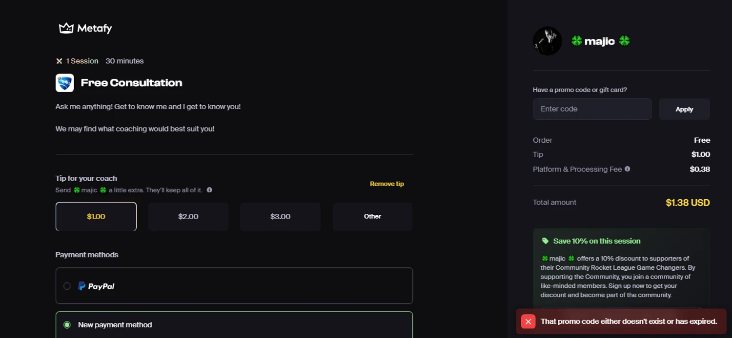 Metafy promo code screenshot showing code MAJIC-LOVE15 applied at Metafy checkout page. Uploaded by SimplyCodes community member BonusDefender8823 on Mar 16, 2025