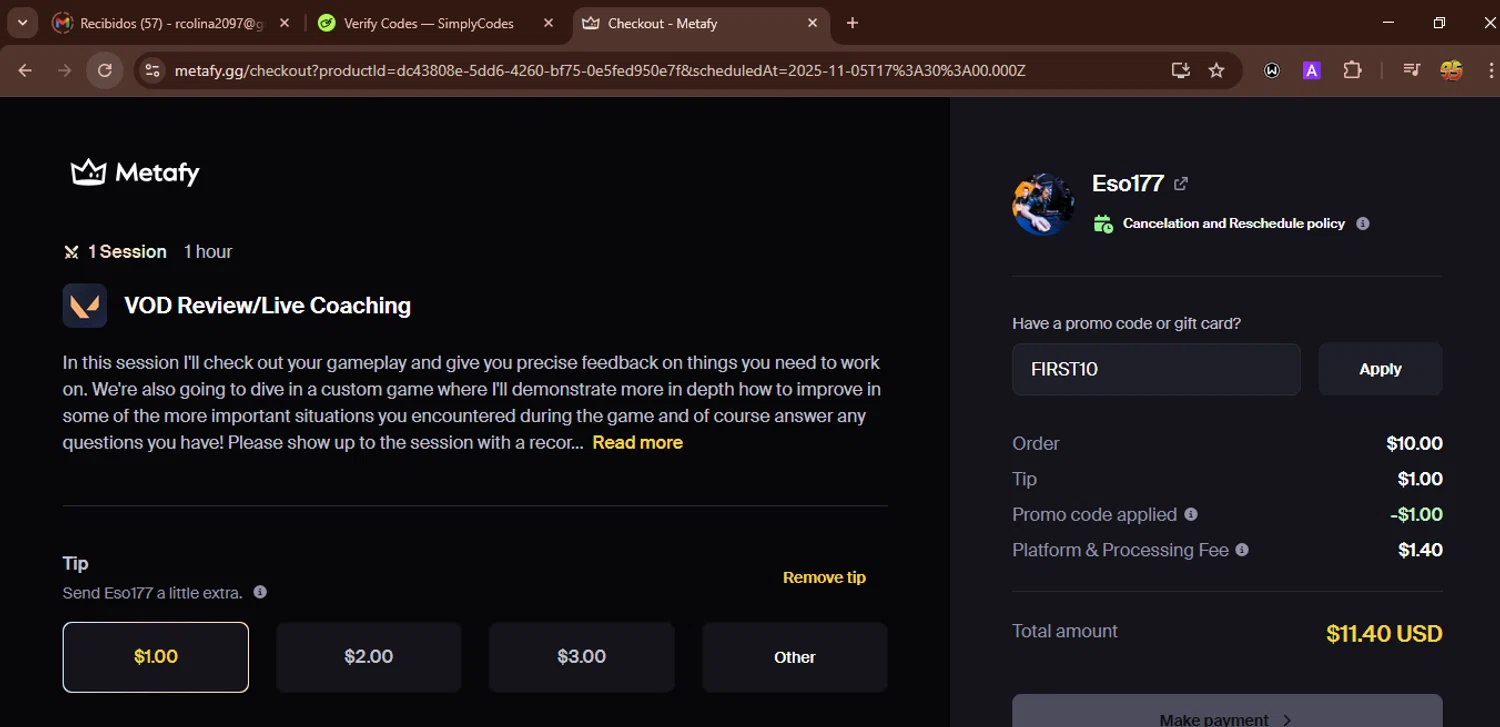 Metafy promo code screenshot showing code FIRST10 applied at Metafy checkout page. Uploaded by SimplyCodes community member WonderWarden594 on Nov 1, 2025