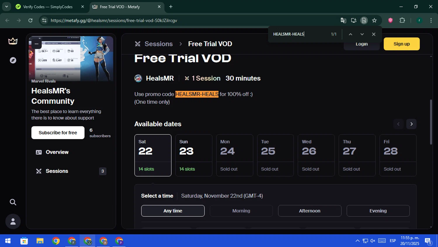 Metafy promo code screenshot showing code HEALSMR-HEALS applied at Metafy checkout page. Uploaded by SimplyCodes community member rodri1 on Nov 21, 2025