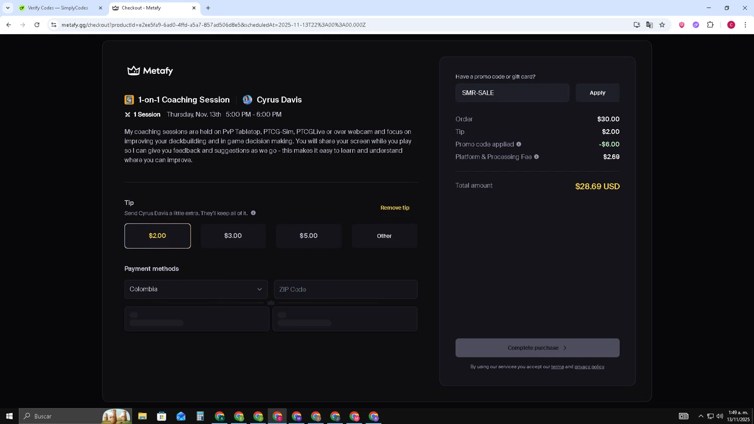 Metafy promo code screenshot showing code SMR-SALE applied at Metafy checkout page. Uploaded by SimplyCodes community member TOROREX250 on Nov 13, 2025