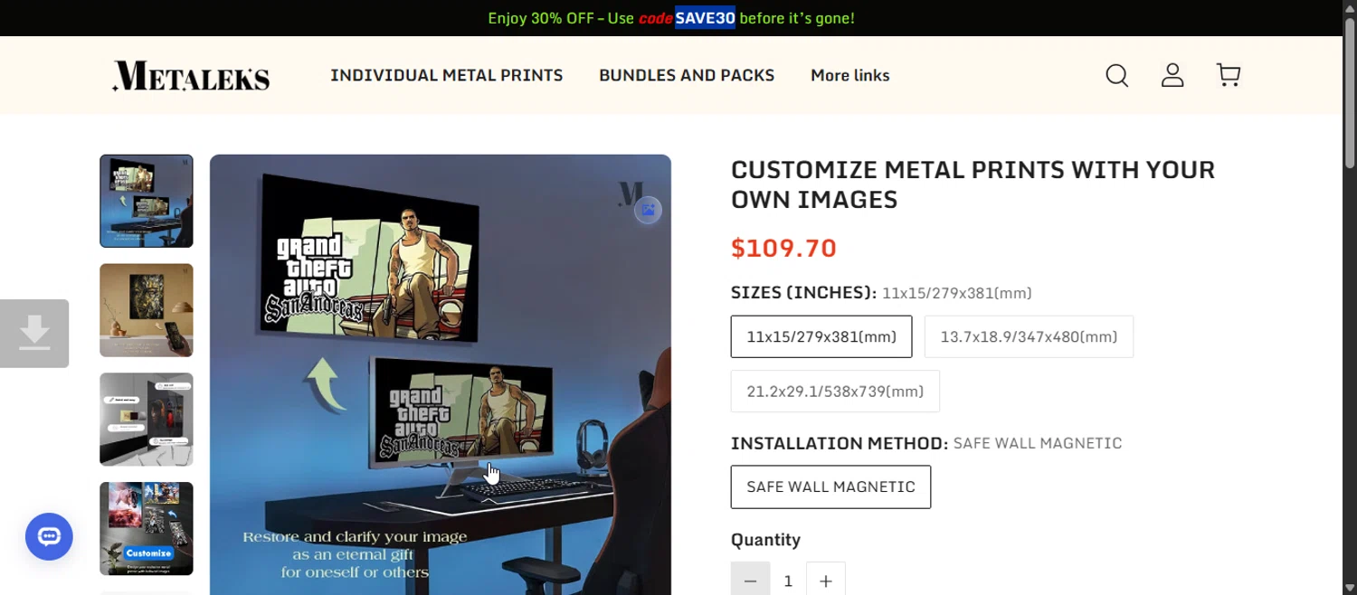 Metaleks promo code screenshot showing code SAVE30 applied at Metaleks checkout page. Uploaded by SimplyCodes community member 111111 on Nov 6, 2025