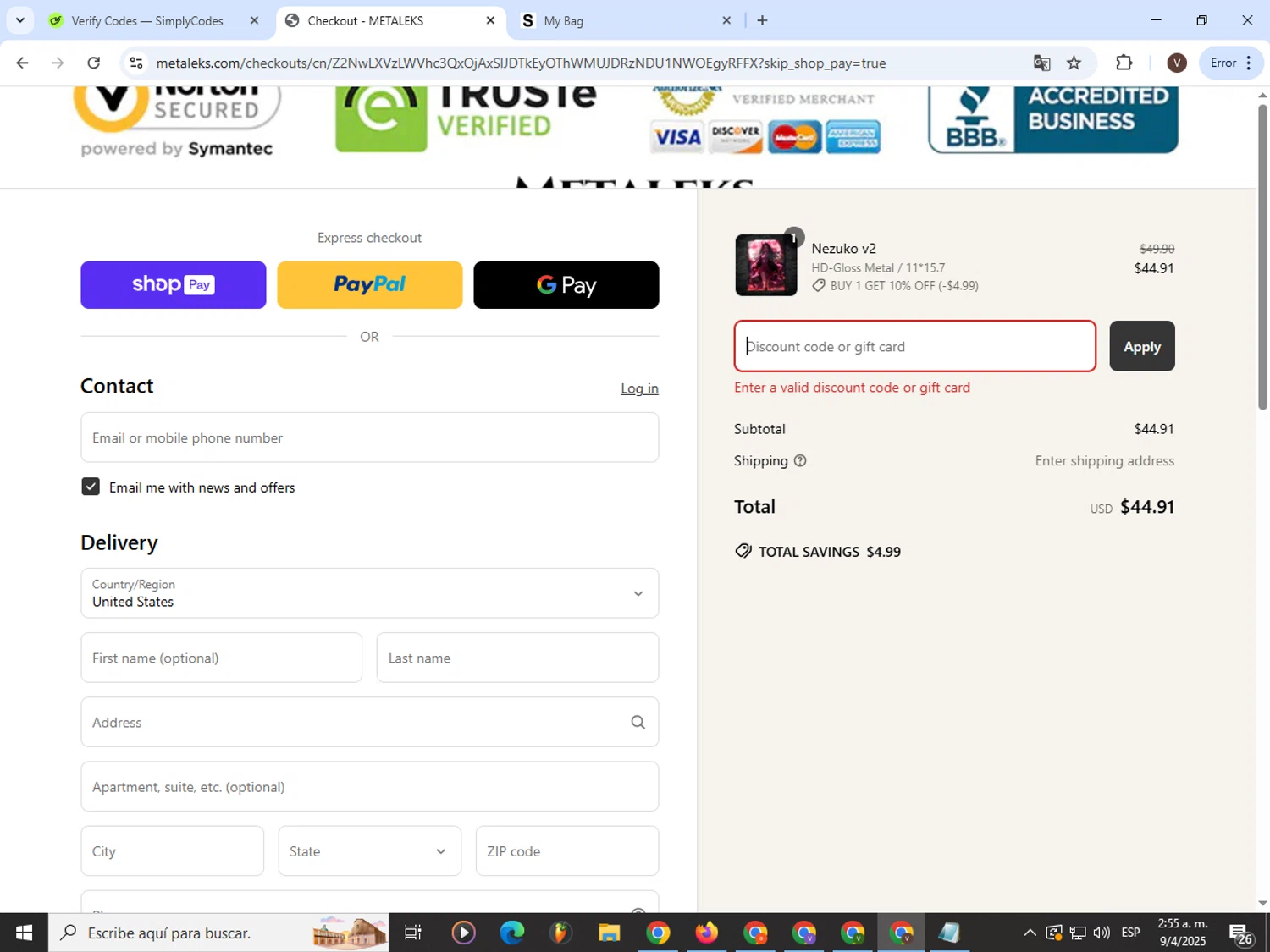 Metaleks promo code screenshot showing code EAGLES applied at Metaleks checkout page. Uploaded by SimplyCodes community member CashLion3448 on Apr 9, 2025