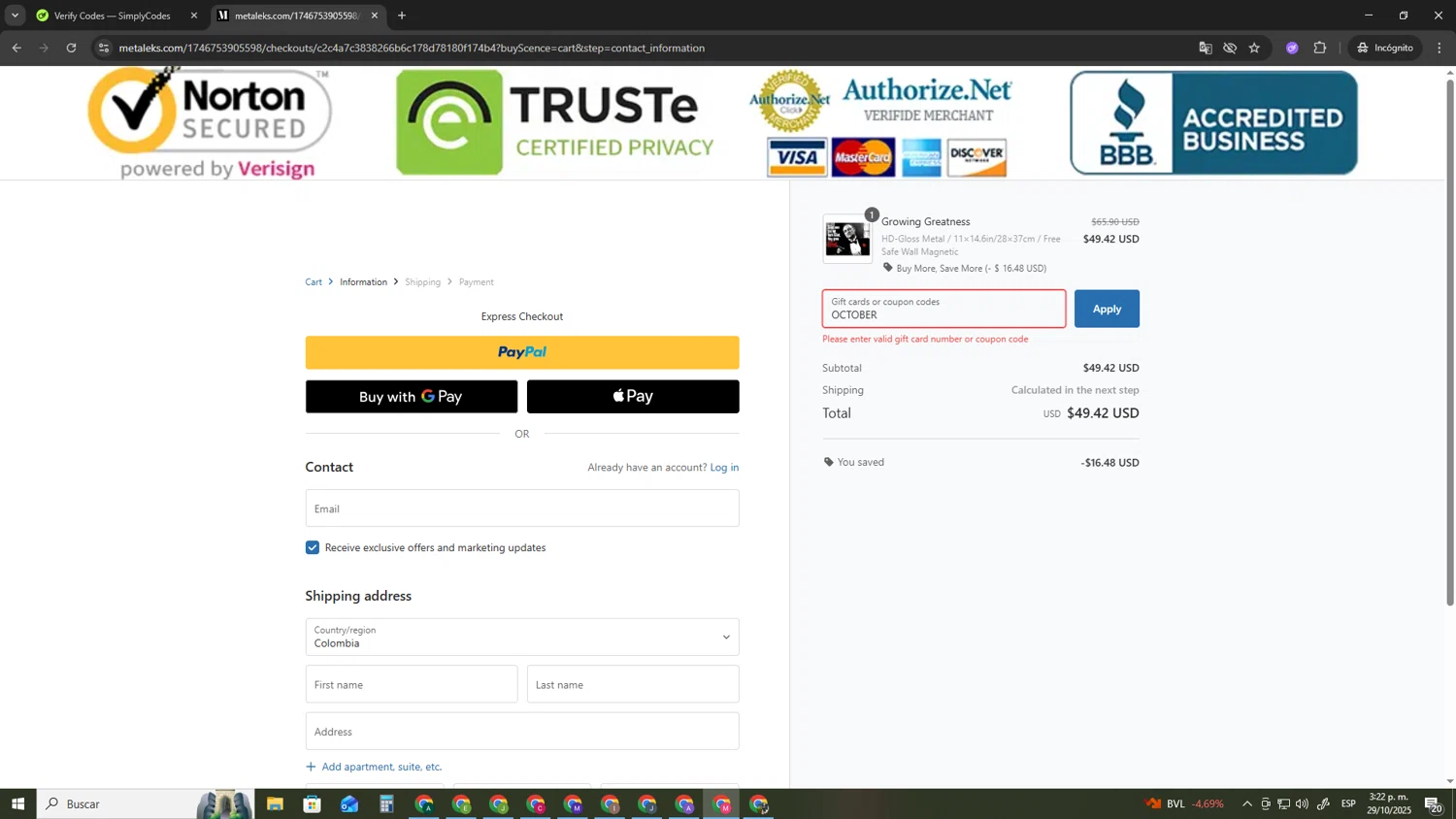Metaleks promo code screenshot showing code OCTOBER applied at Metaleks checkout page. Uploaded by SimplyCodes community member CBR600 on Oct 29, 2025