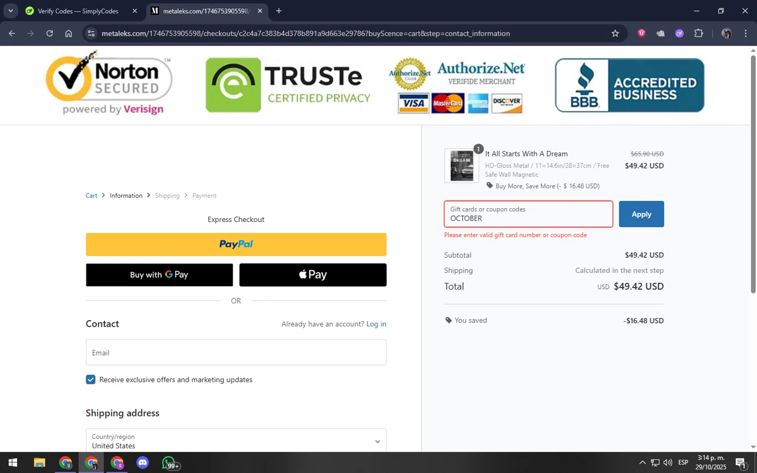 Metaleks promo code screenshot showing code OCTOBER applied at Metaleks checkout page. Uploaded by SimplyCodes community member akamiguel on Oct 29, 2025