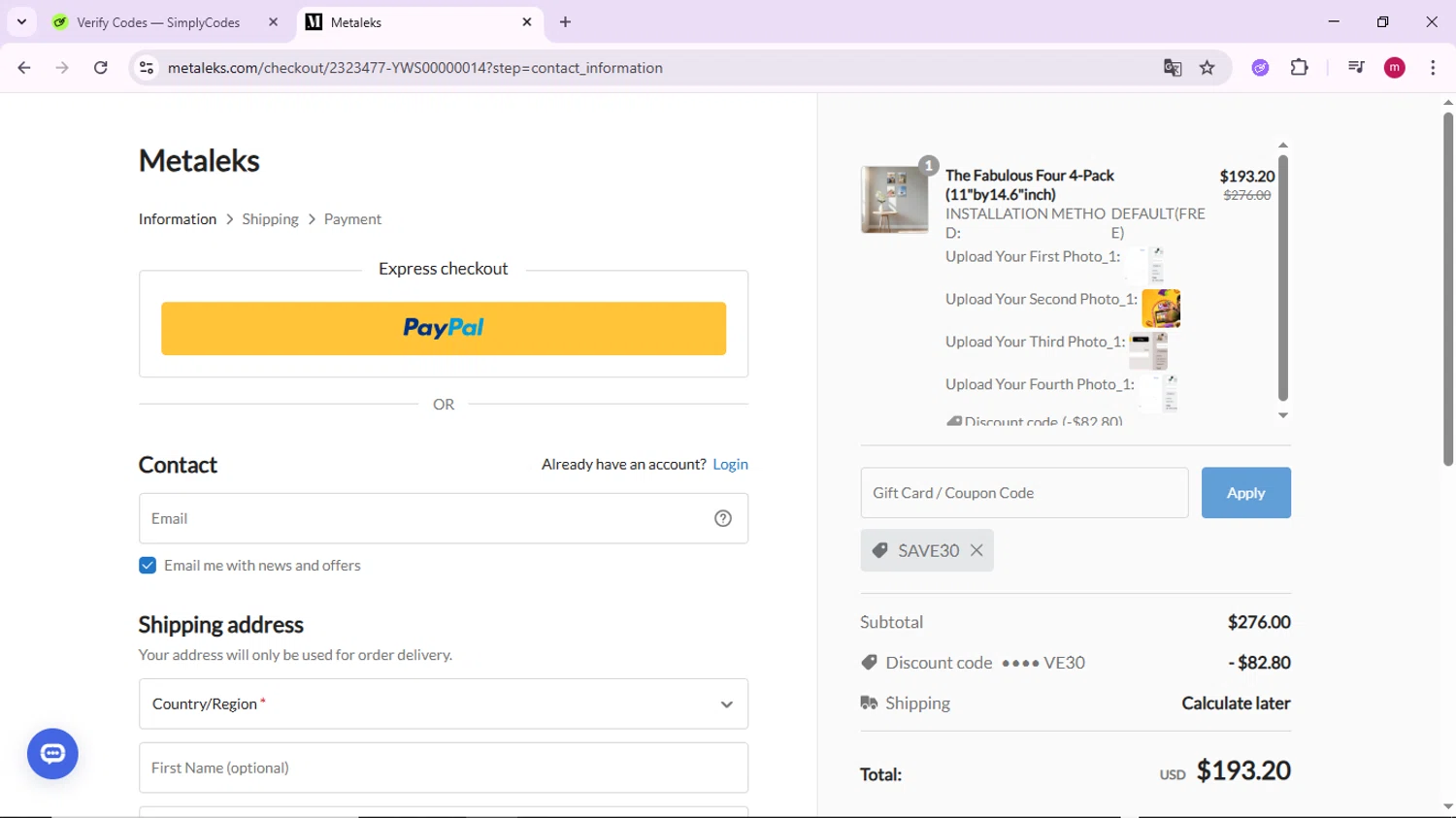 Metaleks promo code screenshot showing code SAVE30 applied at Metaleks checkout page. Uploaded by SimplyCodes community member PrimeSage7080 on Nov 6, 2025
