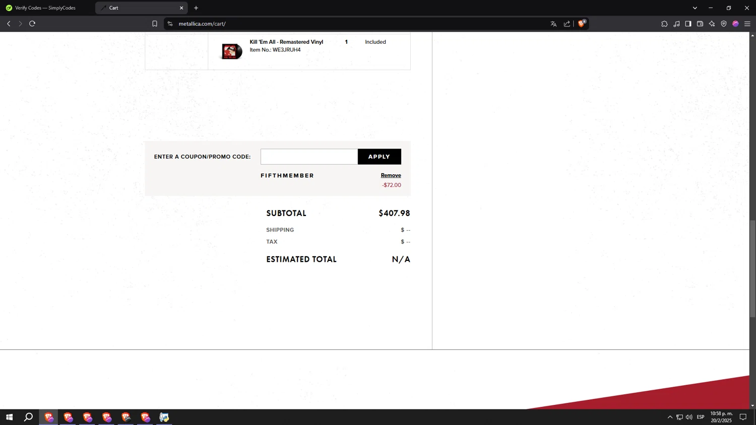 Metallica checkout page showing Metallica promo code box | Screenshot taken by SimplyCodes community member on Feb 21, 2025