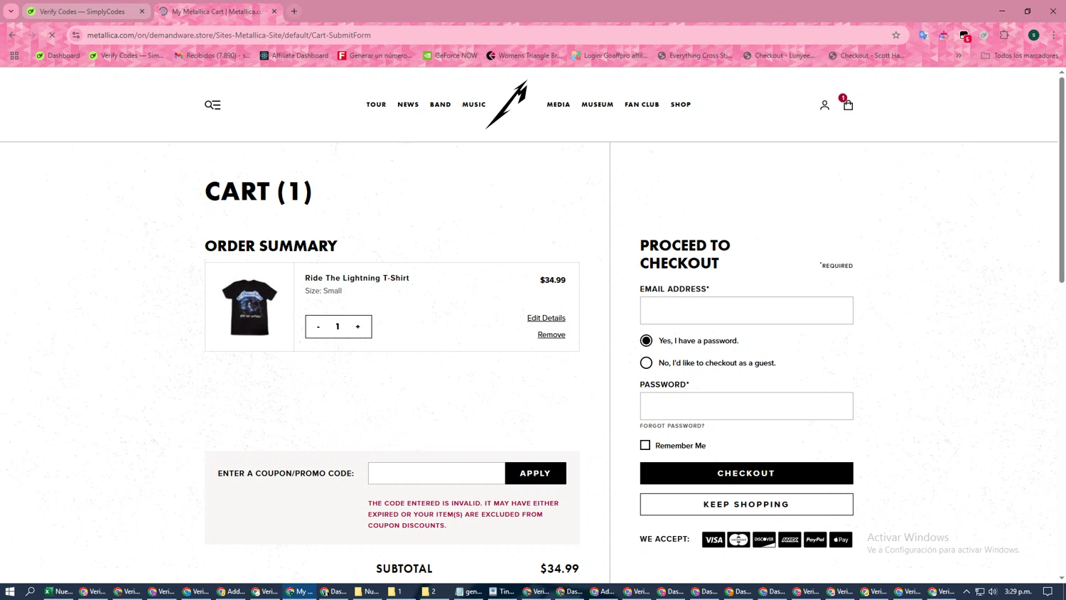 Metallica promo code screenshot showing code FIFTHMEMBER applied at Metallica checkout page. Uploaded by SimplyCodes community member Rosita on Mar 14, 2025