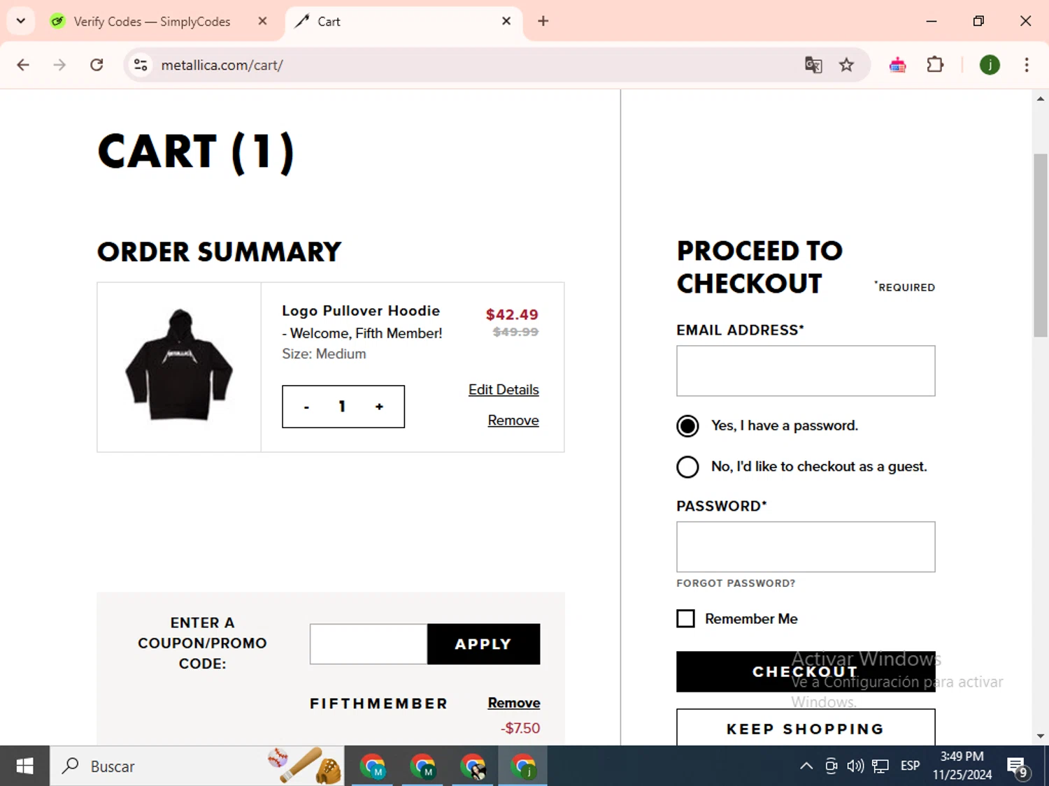 Metallica checkout page showing Metallica promo code box | Screenshot taken by SimplyCodes community member on Nov 25, 2024