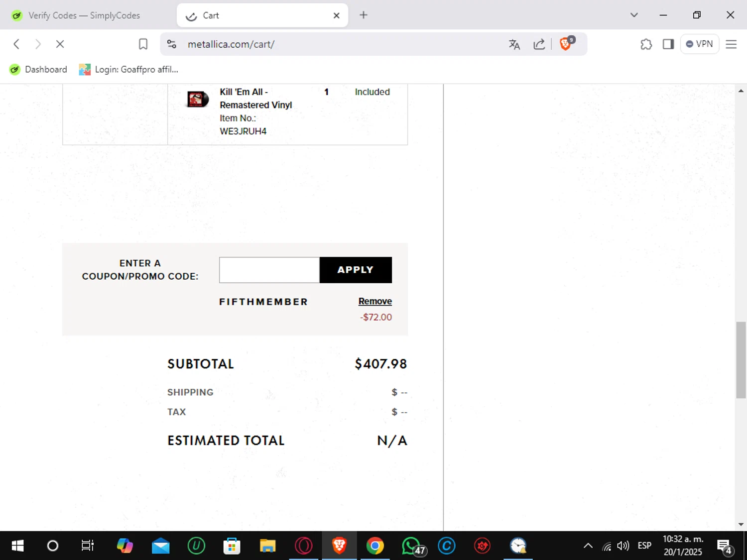 Metallica checkout page showing Metallica promo code box | Screenshot taken by SimplyCodes community member on Jan 20, 2025
