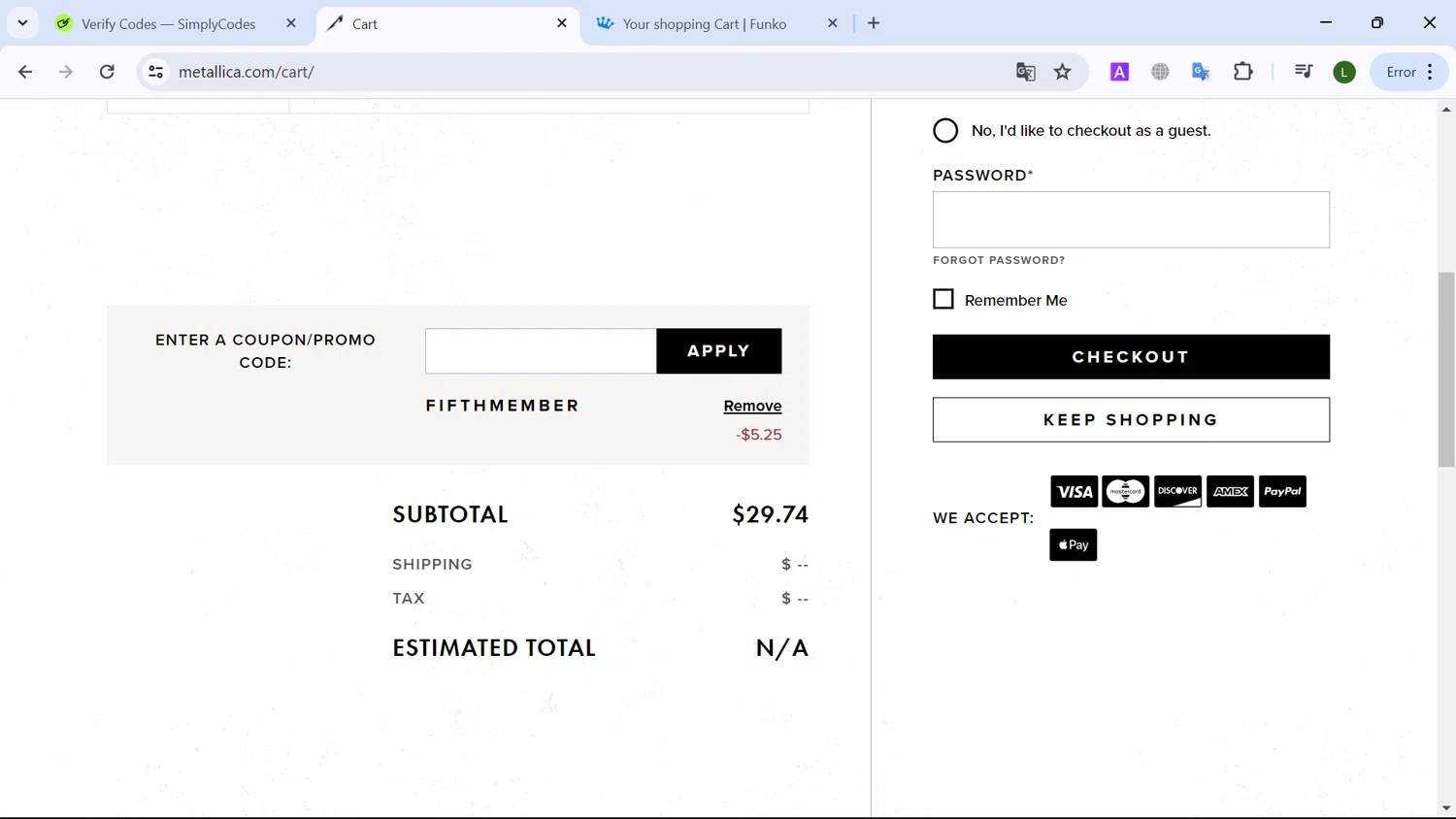 Metallica checkout page showing Metallica promo code box | Screenshot taken by SimplyCodes community member on May 29, 2024