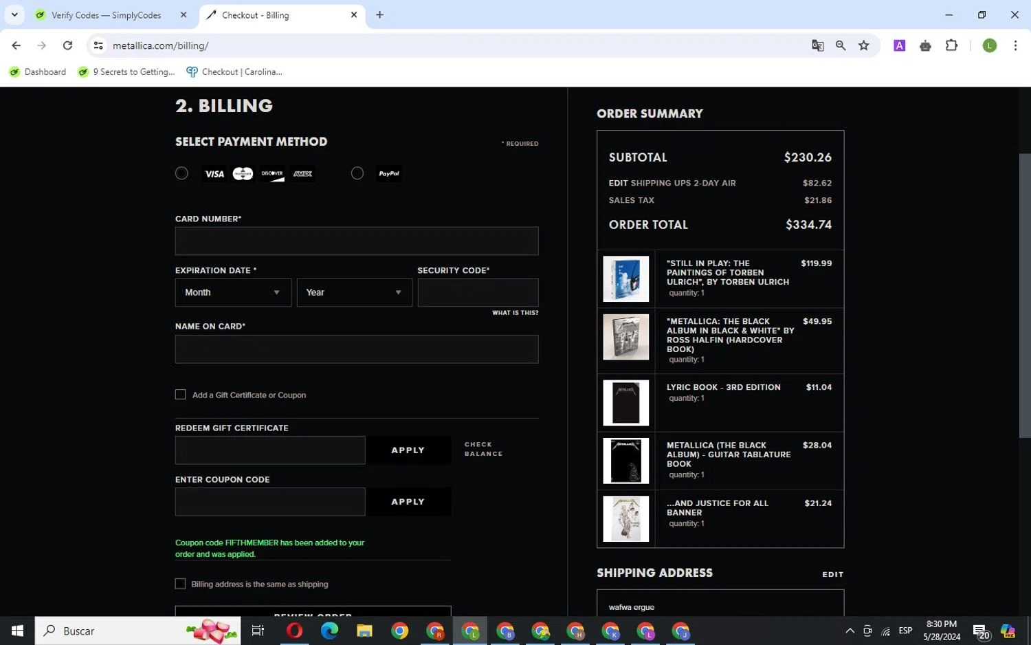 Metallica checkout page showing Metallica promo code box | Screenshot taken by SimplyCodes community member on May 29, 2024
