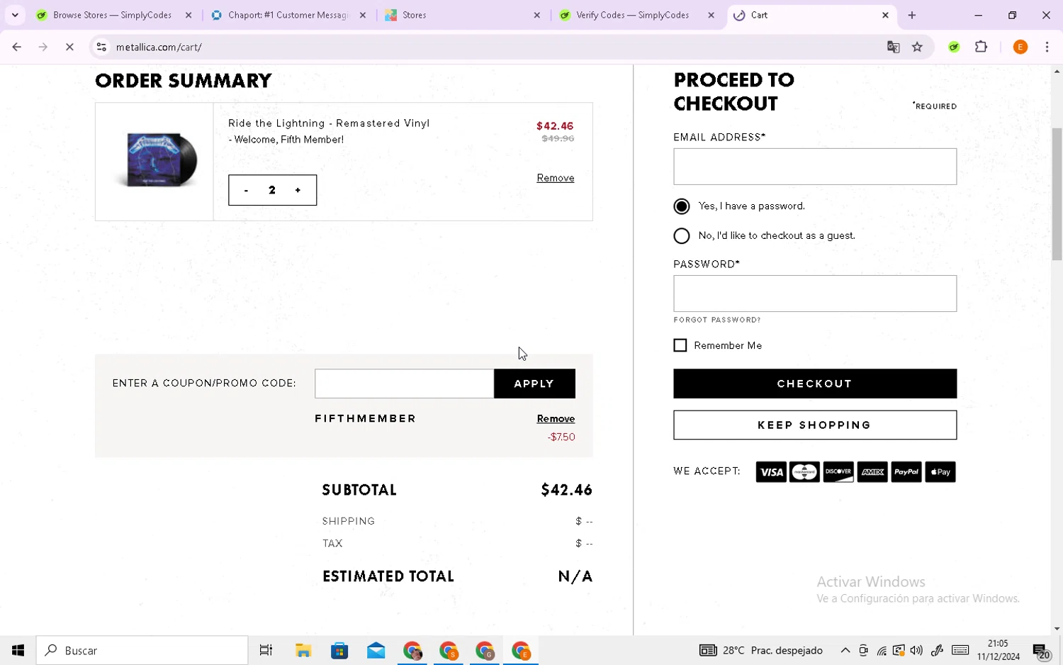 Metallica checkout page showing Metallica promo code box | Screenshot taken by SimplyCodes community member on Dec 12, 2024