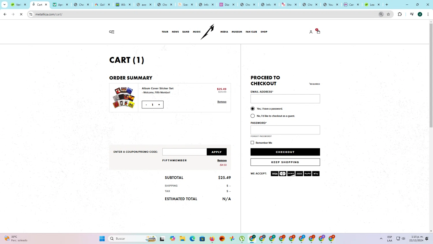 Metallica checkout page showing Metallica promo code box | Screenshot taken by SimplyCodes community member on Dec 22, 2024