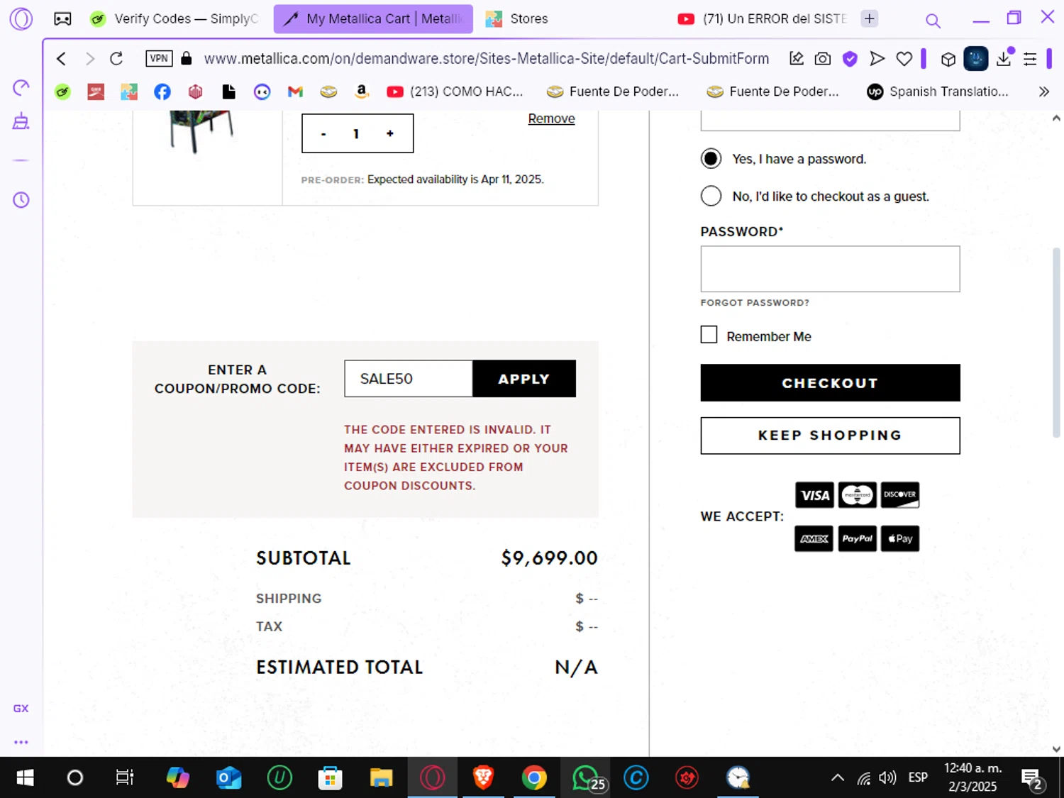 Metallica promo code screenshot showing code SALE50 applied at Metallica checkout page. Uploaded by SimplyCodes community member Crchirino1 on Mar 2, 2025