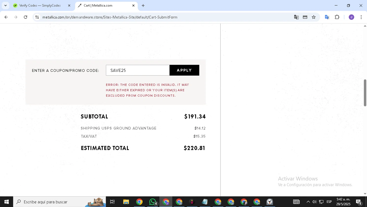 Metallica promo code screenshot showing code SAVE25 applied at Metallica checkout page. Uploaded by SimplyCodes community member ShieldSeeker6695 on May 29, 2025