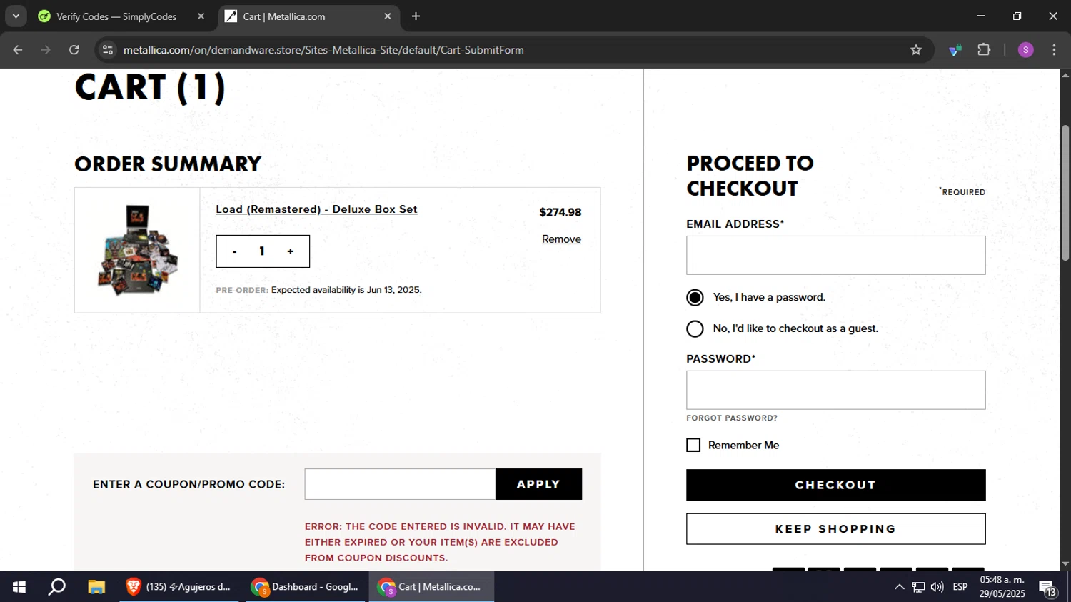 Metallica promo code screenshot showing code SAVE25 applied at Metallica checkout page. Uploaded by SimplyCodes community member TokenTiger7938 on May 29, 2025