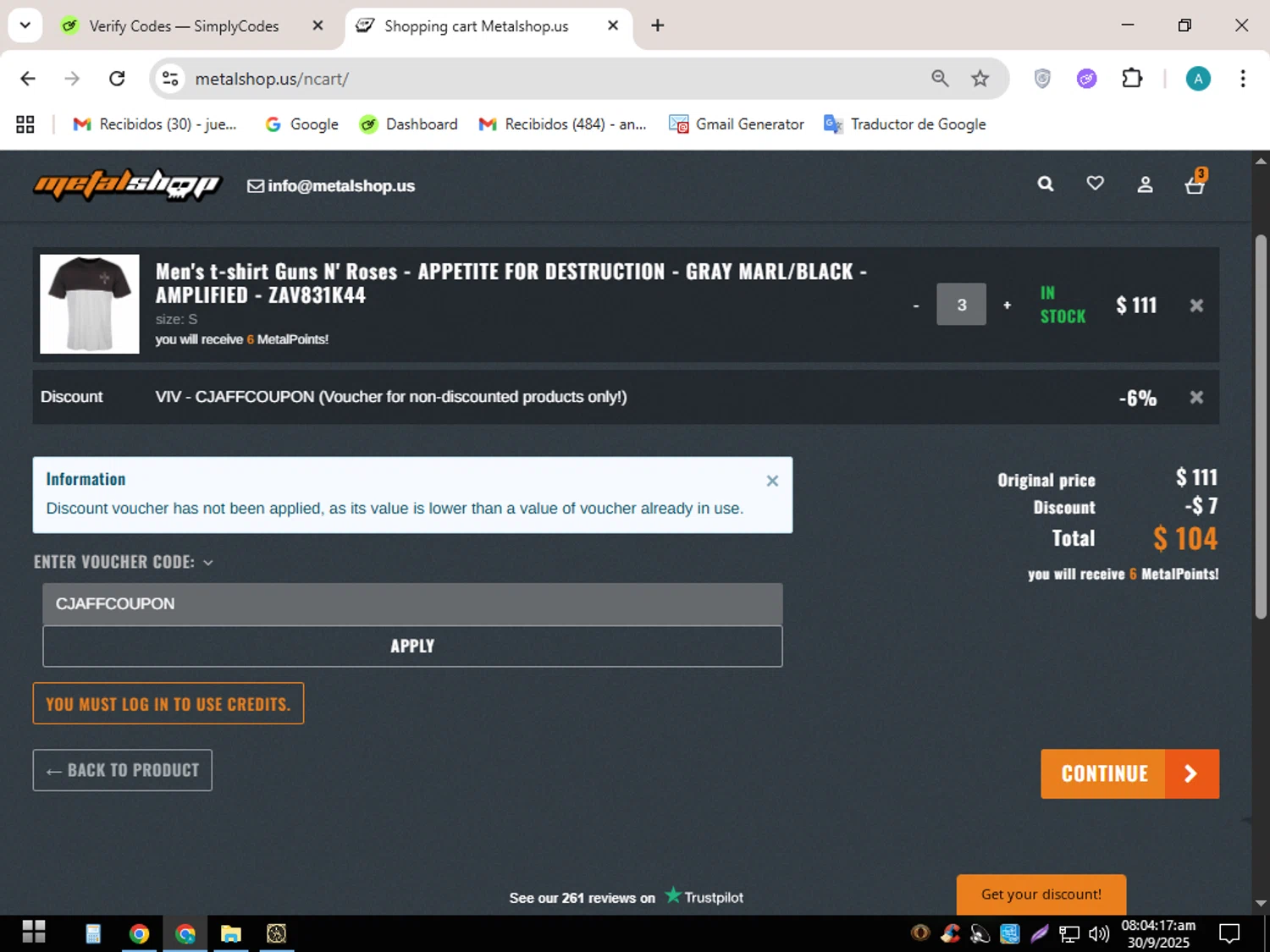 METALSHOP discount code screenshot showing code CJAFFCOUPON applied at METALSHOP checkout page. Uploaded by SimplyCodes community member SavingsScout358 on Sep 30, 2025