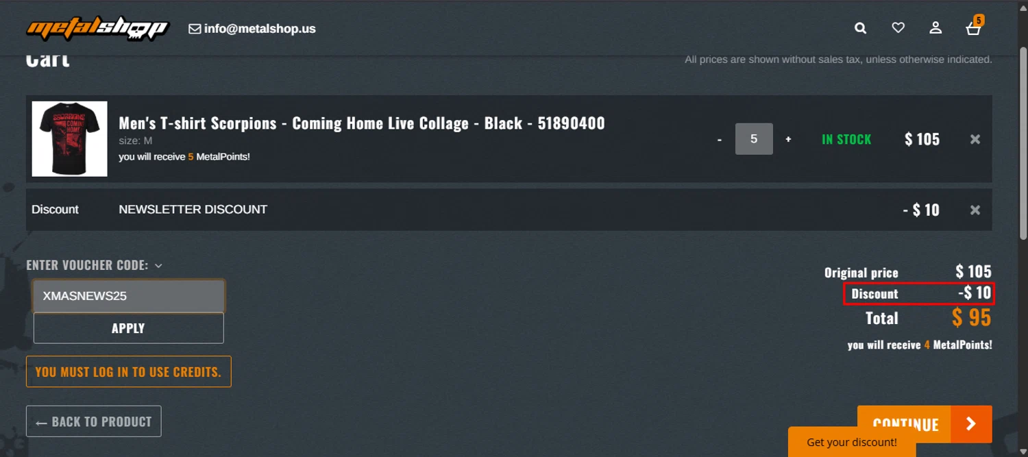 METALSHOP discount code screenshot showing code XMASNEWS25 applied at METALSHOP checkout page. Uploaded by SimplyCodes community member noworries on Nov 29, 2025