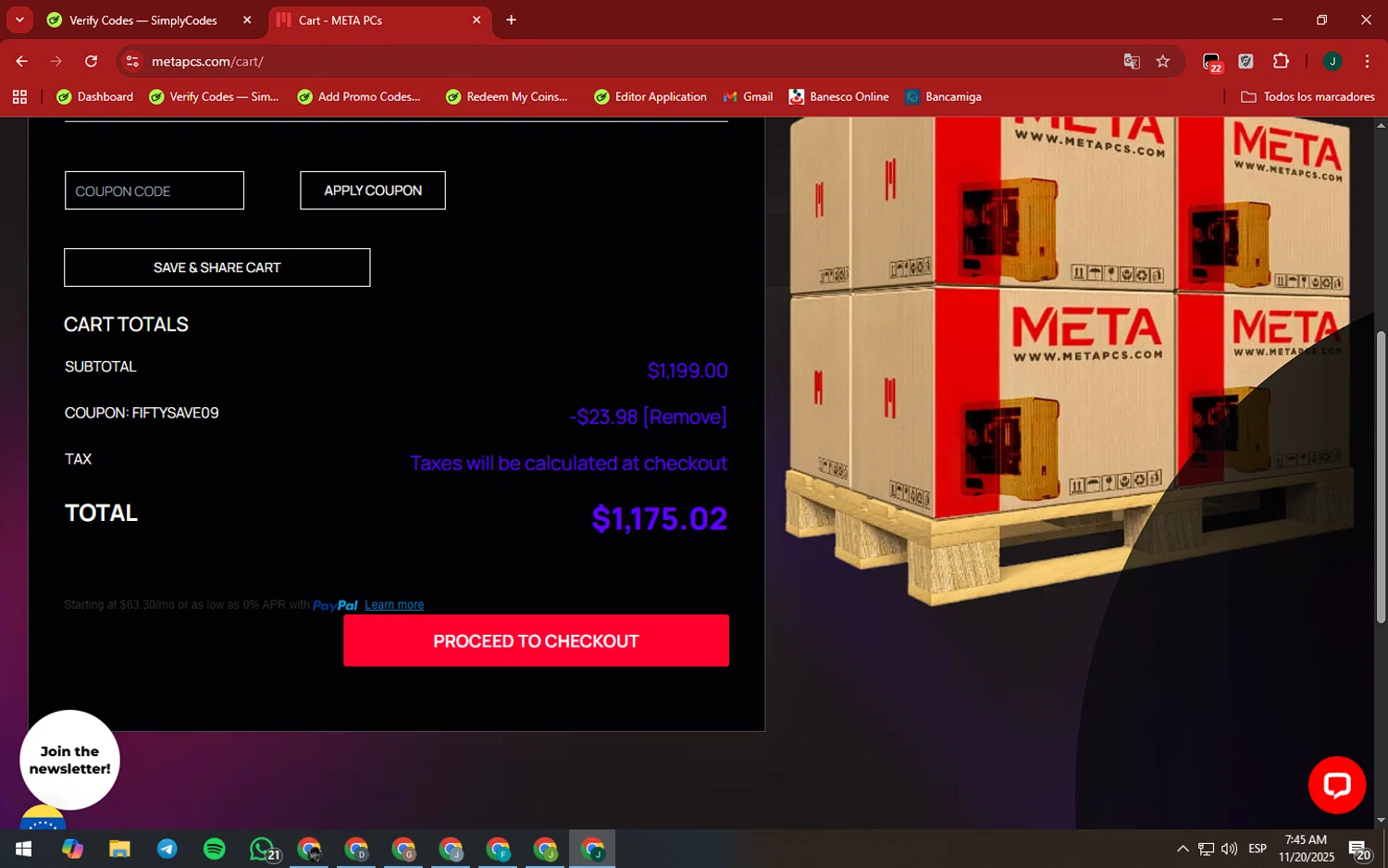 META PCs coupon code screenshot showing code FIFTYSAVE09 applied at META PCs checkout page. Uploaded by SimplyCodes community member SilverAdmiral2559 on Nov 20, 2025