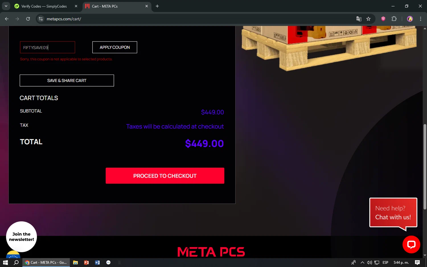 META PCs coupon code screenshot showing code FIFTYSAVE09 applied at META PCs checkout page. Uploaded by SimplyCodes community member TreasureShopper9156 on Jun 28, 2025