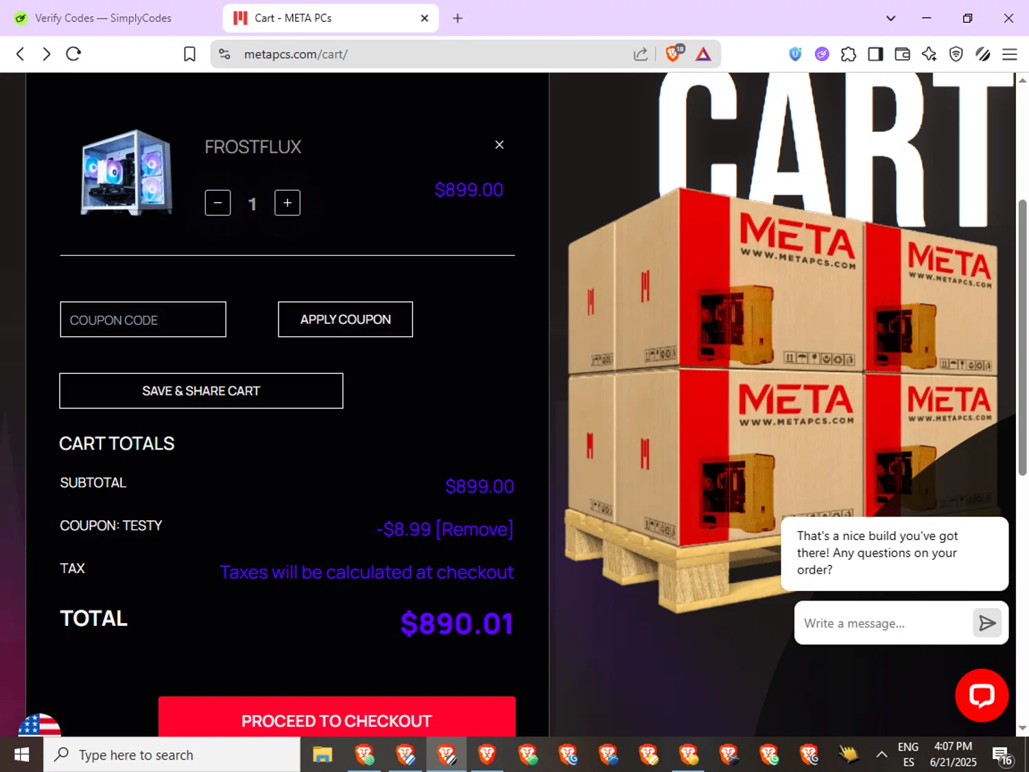 META PCs coupon code screenshot showing code Testy applied at META PCs checkout page. Uploaded by SimplyCodes community member ExtraordinaryGenius9135 on Jun 21, 2025