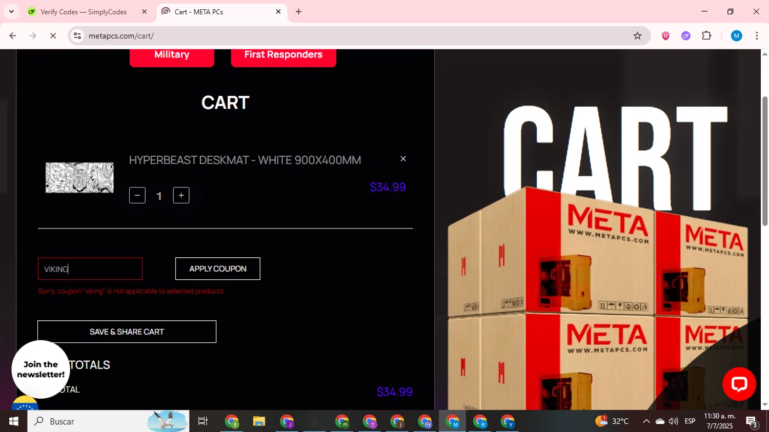 META PCs coupon code screenshot showing code VIKING applied at META PCs checkout page. Uploaded by SimplyCodes community member LegendaryCurator1585 on Jul 7, 2025