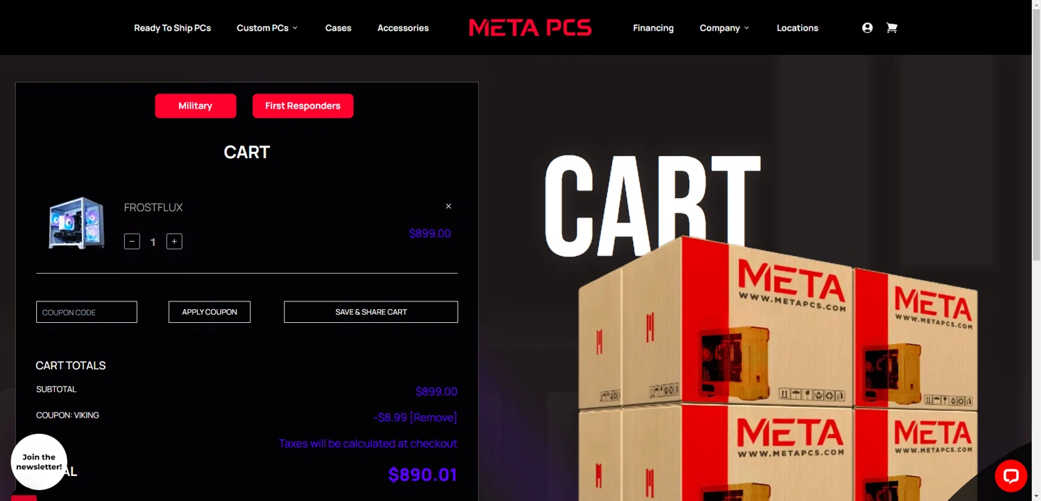 META PCs coupon code screenshot showing code VIKING applied at META PCs checkout page. Uploaded by SimplyCodes community member PromoAdmiral6652 on Jun 14, 2025